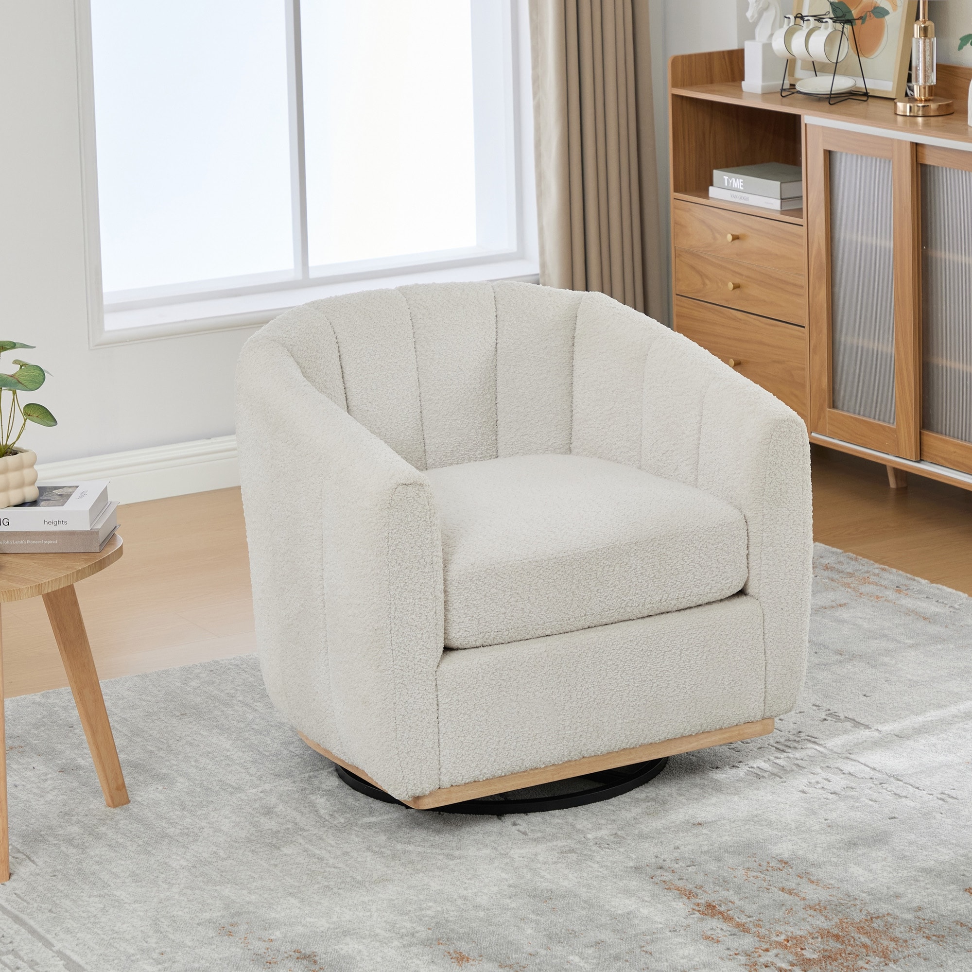 Ivory Swivel Chair Club Chair Armchair with Metal Base, Upholstered Barrel Chair Lounge Chair Vanity Chair