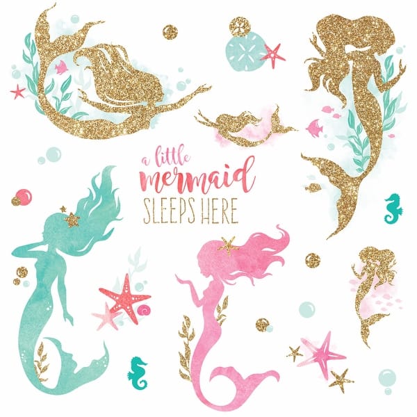 slide 2 of 3, RoomMates Gold & Blue & Pink Mermaid Wall Decals With Gltter