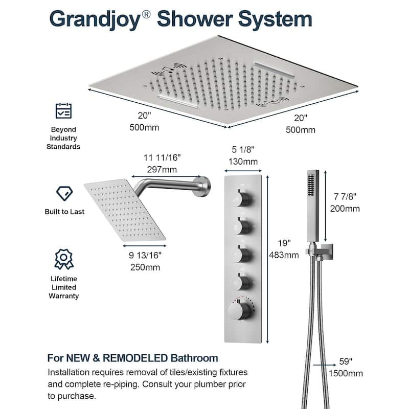 GRANDJOY LED Music Shower System 20"& 10" Dual Shower Heads with Handheld Shower