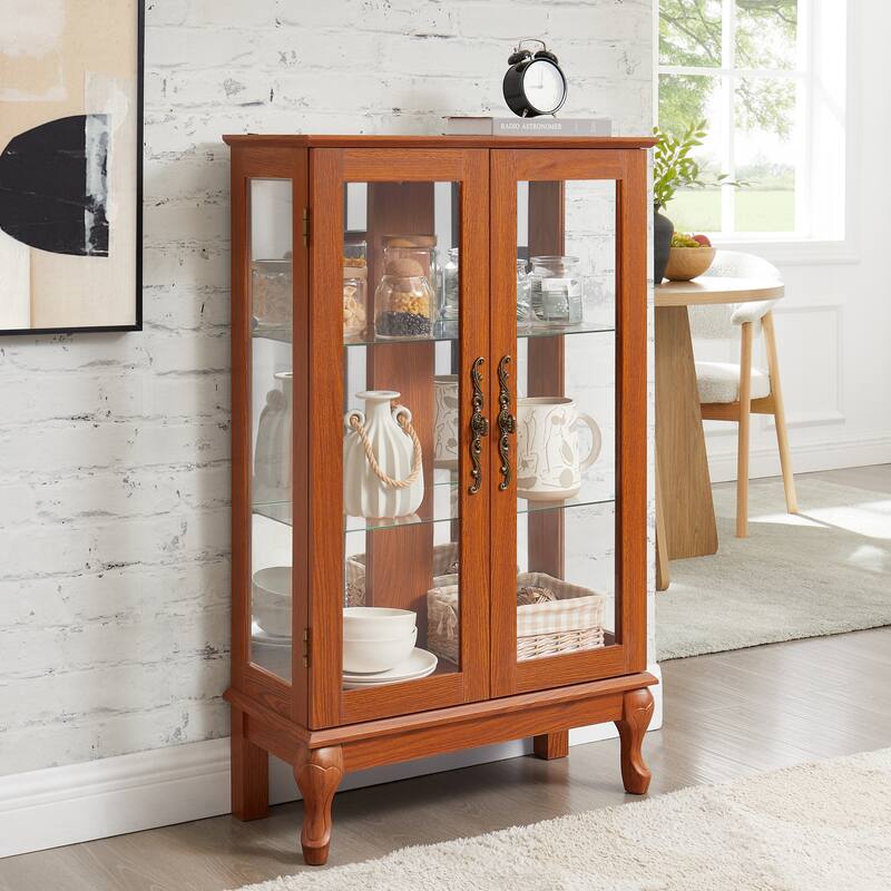 Lighted Display Cabinet with 2 Tempered Glass Doors and Adjustable Shelves