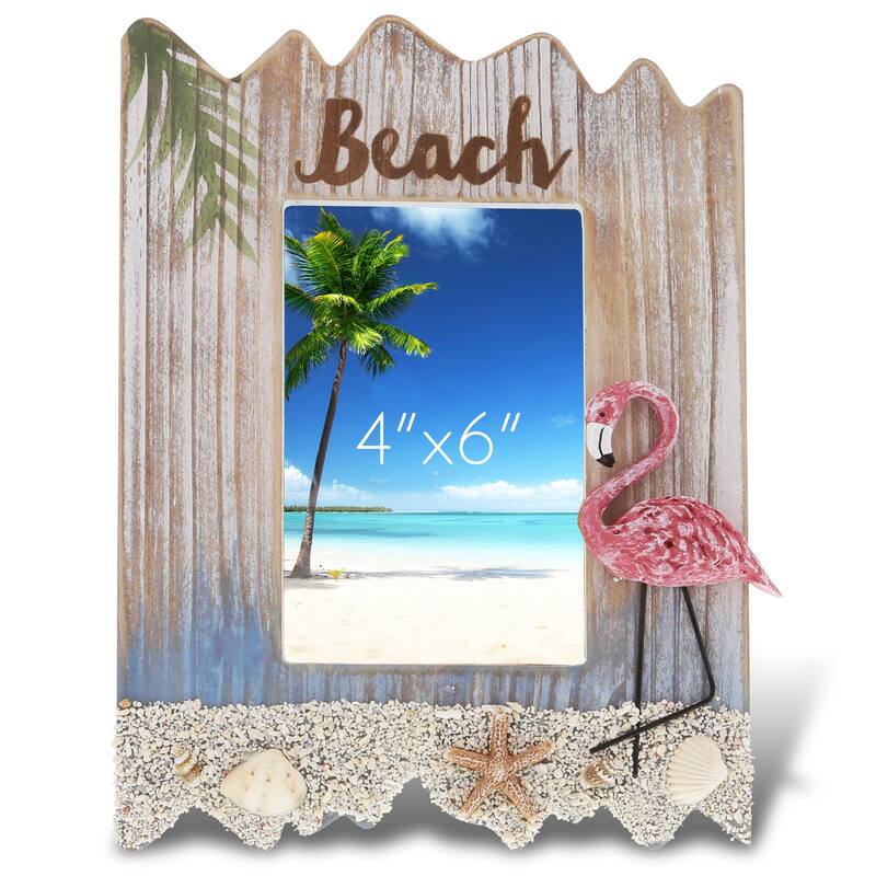 CoTa Global Flamingo Beach 4x6 Frame - White Distressed Wood Seashell - 10 x 7.75 x 1 inches