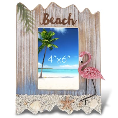 CoTa Global Flamingo Beach 4x6 Frame - White Distressed Wood Seashell - 10 x 7.75 x 1 inches