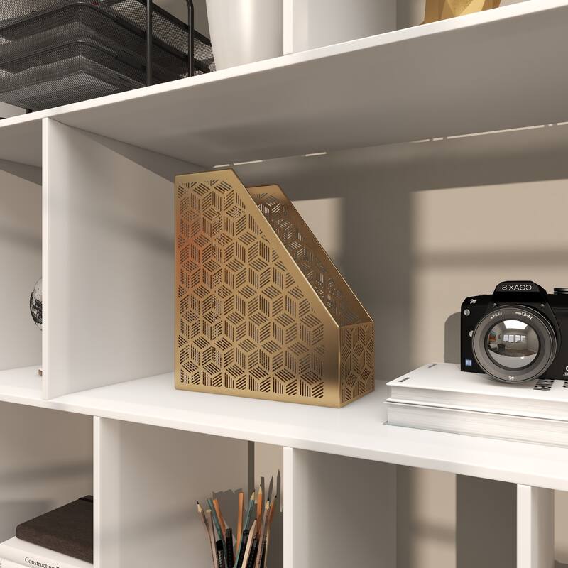 Gold Metal Single Slot Geometric Magazine Holder with Laser Carved Design