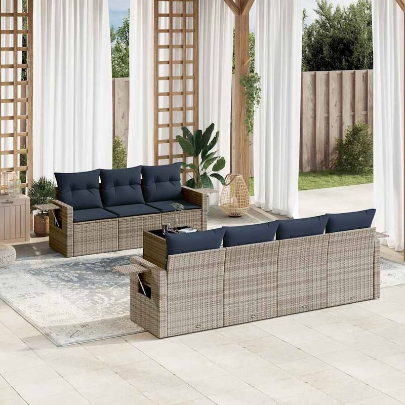 vidaXL Patio Sofa Set with Cushions Outdoor Furniture 8 Piece Poly Rattan - 21.7 x 24.4 x 27.2 - Grey and Blue