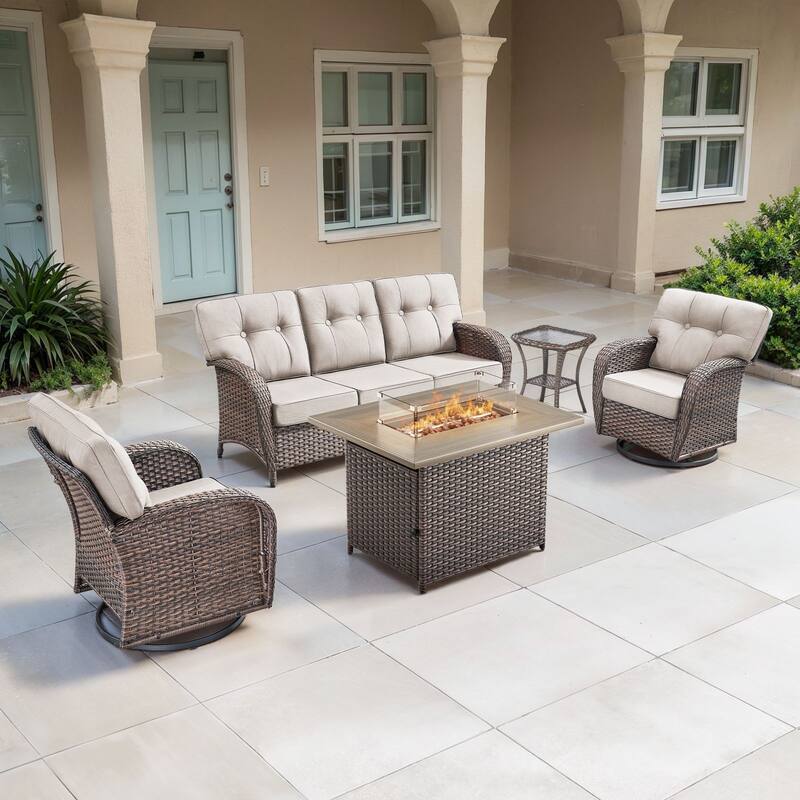 TWrap Wicker Patio Fire Pit Conversation Set with 3-Seat Sofa & Swivel Gliders