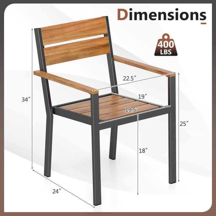 Brown and Black Acacia Wood Patio Dining Chairs Set of 6 with Metal Frame, Stackable - 22.5" x 24" x 34"