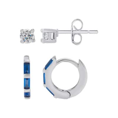 .925 Sterling Silver Blue Spinel White Sapphire Hoop and Stud Earring Set