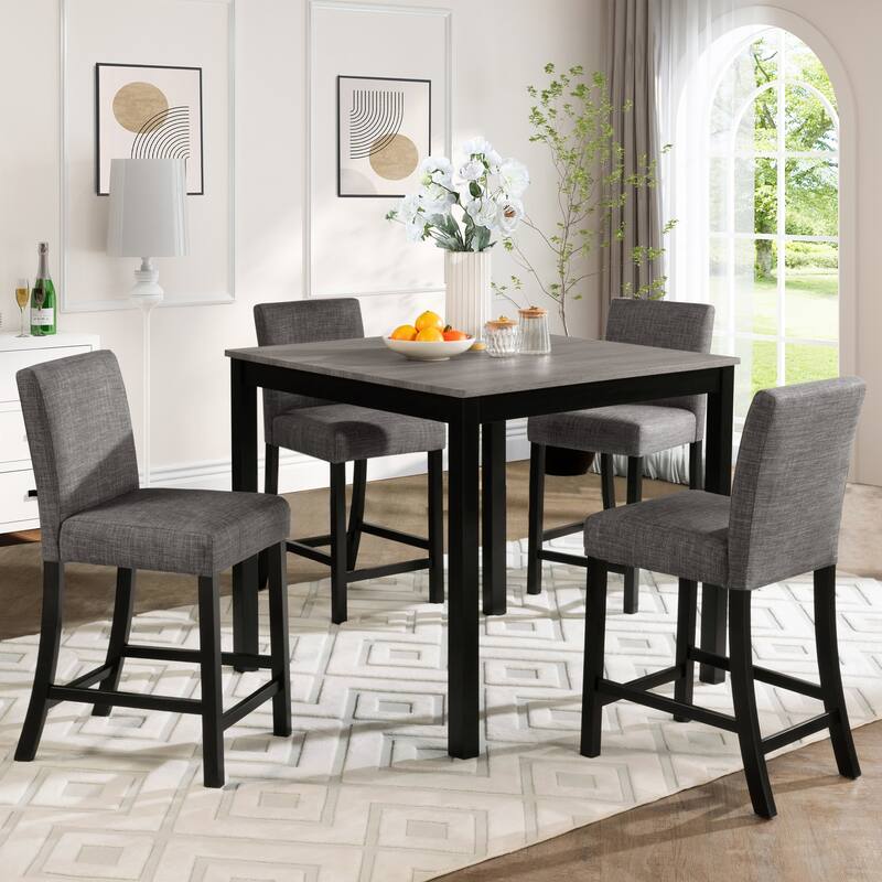 5 Piece Counter Height Table Set, Wooden Kitchen Table and Chairs Set with Square Table and 4 Upholstered Chairs - Black,Light Gray