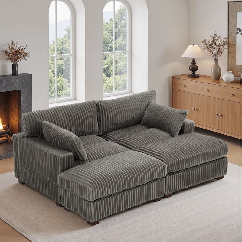Modern Oversized Plush Corduroy Modular Sectional Sofa with 2 Ottomans