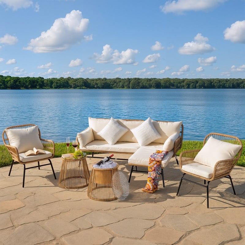 6-Piece Boho Wicker Patio Furniture Set, L-Shaped Sectional Sofa with Ice Bucket, 500 lbs Capacity Outdoor Conversation Set
