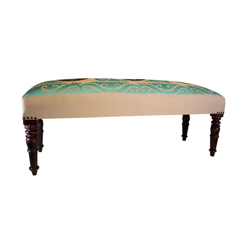 Imports Decor Wooden Bench with Glossy Blue Embroidered Upholstery