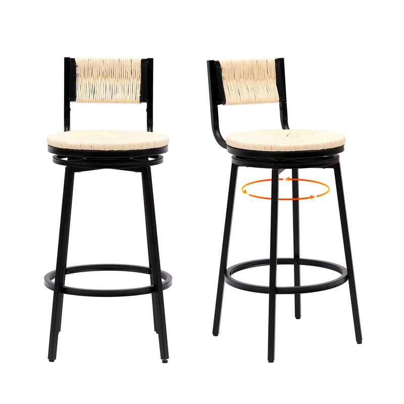 Modern Bar Stools Swivel Counter Chairs with Metal Frame Set of 2 Hand Woven Paper Rope Dining Barstools for Kitchen Counter