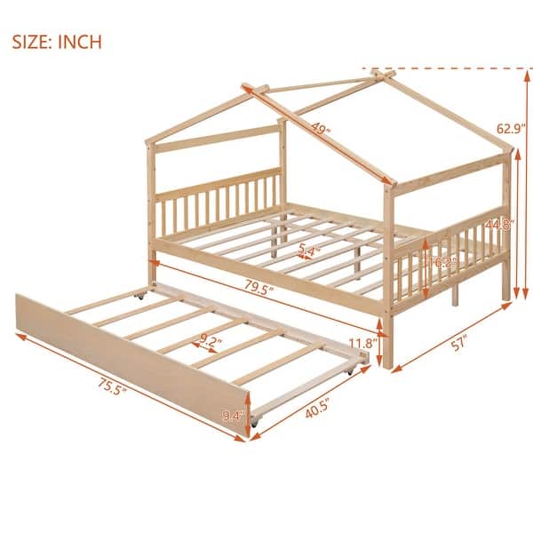 Full Size House Shaped Platform Bed Frame with Trundle, Natural