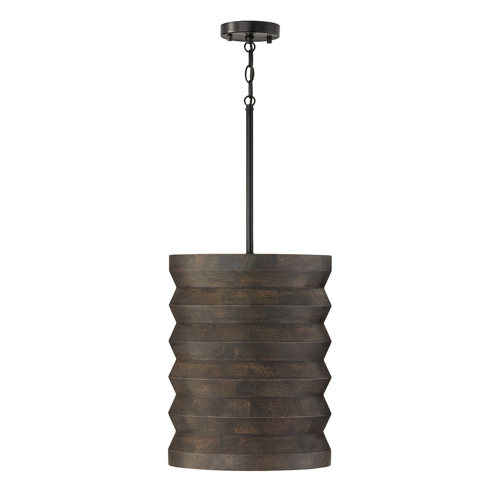 14" W x 18" H 1-Light Pendant in Matte Black and Handcrafted Mango Wood in Espresso Stain - 14"W x 17.75"H