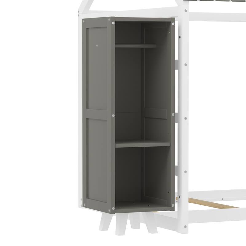 Wooden Twin Size House Bed with Fence and Roof, Kids Floor Bed with Two Movable Wardrobes, Gray