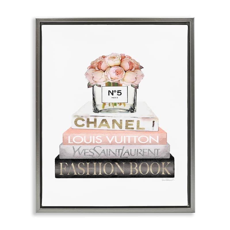 Stupell Pink Fashion Book Stack Framed Floater Canvas Wall Art Design by Amanda Greenwood - 17 x 21 - Grey