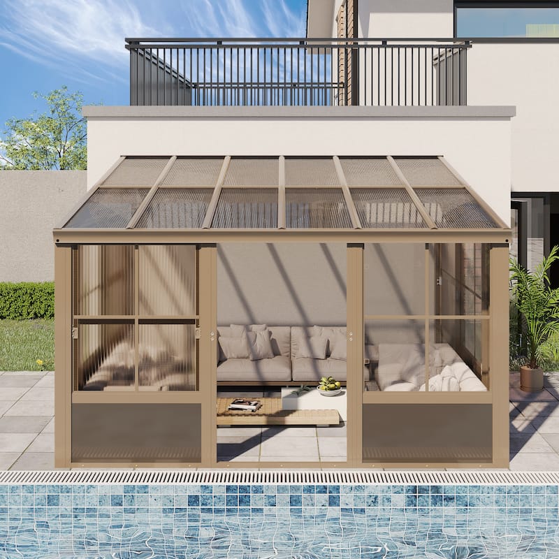 Erommy Wall Mounted Sunroom with Sliding Doors, All-Season Aluminum Patio Gazebo, Outdoor Permanent Sunroom Shelter