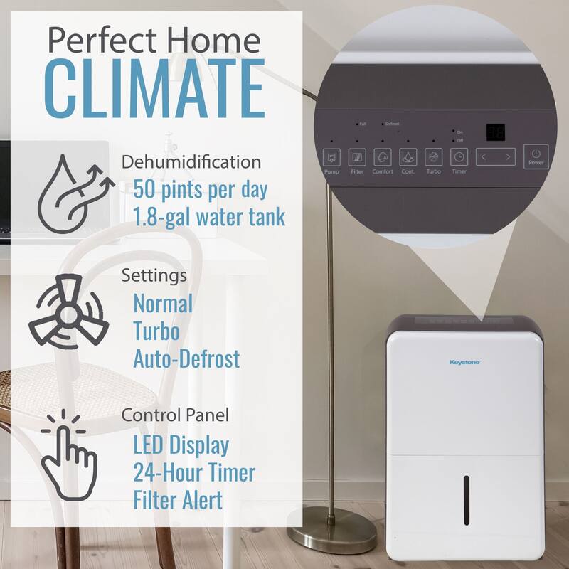 Keystone 50 Pint Dehumidifier with Electronic Controls and Built-In Pump