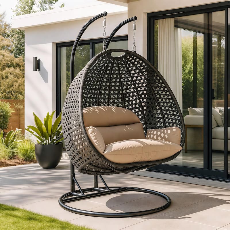 Leisuremod 2-Person Hanging Egg Swing Chair with Metal Stand - Handcrafted Charcoal Wicker, Patio Hammock Lounger with Cushions