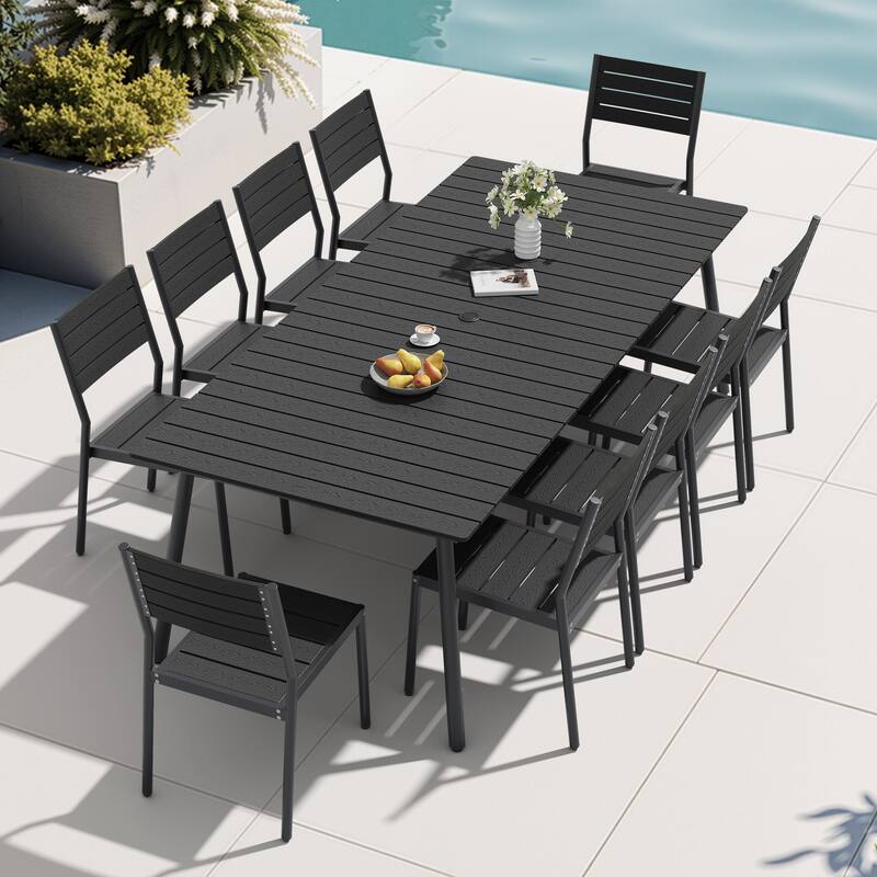 11-Piece Outdoor Patio Dining Set Wood-Like Table Top Alumium Umbrella Hole Table with Stackable Armless Chairs - Black