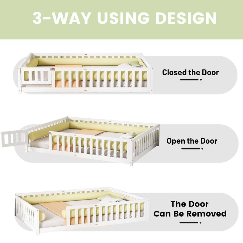 Twin/Full/Queen Size Floor Bed w/Door & Fence,Montessori Floor Bed for Kids,Solid Wood Twin/Full/Queen Bed Frame for Girls Boys
