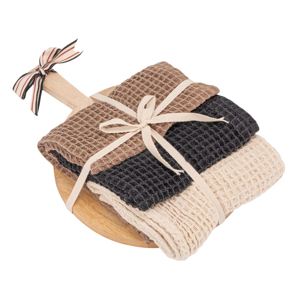 Mango Wood Cheese Board and 3-Piece Stonewashed Cotton Tea Towel Set - 28.0"L x 18.0"W x 0.25"H