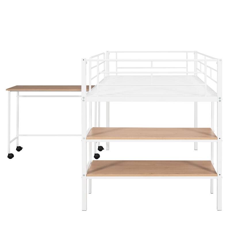Twin Over Low Loft Bed Frame with Rolling Desk and Shelves,Twin Size Metal Bed with Steel Slat Supports,for Teens Kids Child