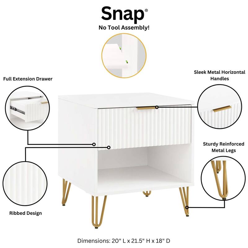 20-Inch White Fluted Nightstand with Gold Metal Handles and Legs