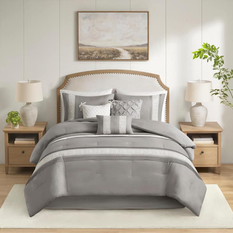 Madison Park Marla 7 Piece Lace Trim Comforter Set with Throw Pillows - Grey - California King