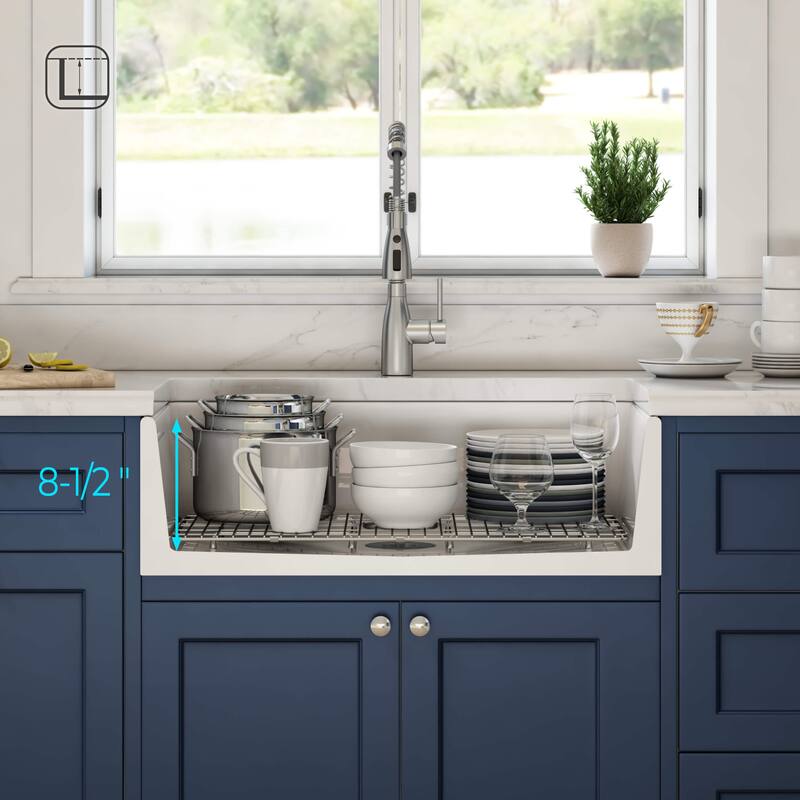 White Fireclay Farmhouse Undermount Kitchen Sink with Bottom Grid and Strainer