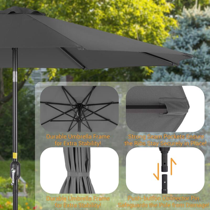 LIVOOSUN 9Ft Large Round Outdoor Patio Market Umbrella with Crank and 8 Ribs, Gray