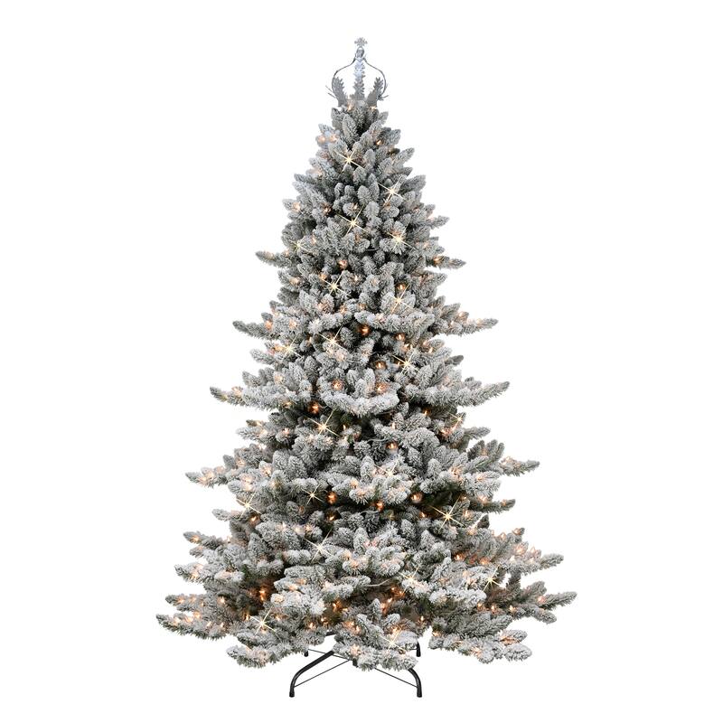 Puleo International 7.5 ft Pre-lit Flocked Royal Majestic Spruce with Silver Crown Artificial Christmas Tree