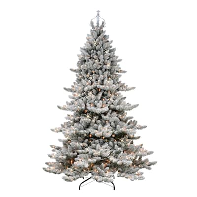 Puleo International 7.5 ft Pre-lit Flocked Royal Majestic Spruce with Silver Crown Artificial Christmas Tree