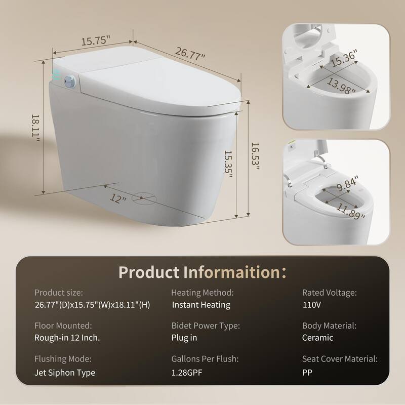 Modern Tankless Bidet Toilet with Auto Flush, Heated Seat and Remote