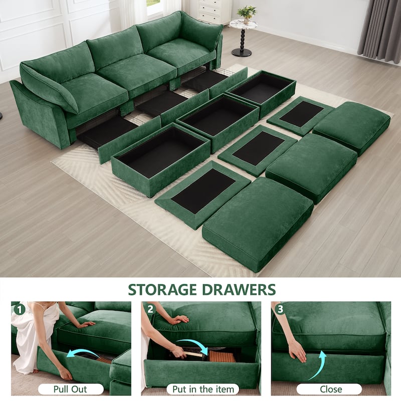 Modular Upholstered Sofa with 3 Ottomans and Storage Drawers, Deep Seat Chenille Sleeper Couch for Living Room, Home Theater