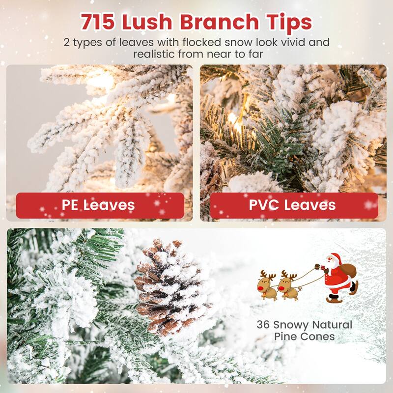 Gymax 6 FT Pre-Lit Artificial Christmas Tree Snow-Flocked Hinged Xmas