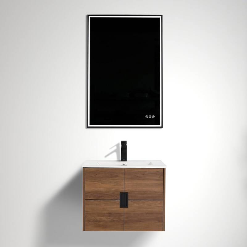 Blossom Bathroom Vanity with Sink, All-Wood Wall-Mounted Floating - 24 Inch Brown Walnut - Polished