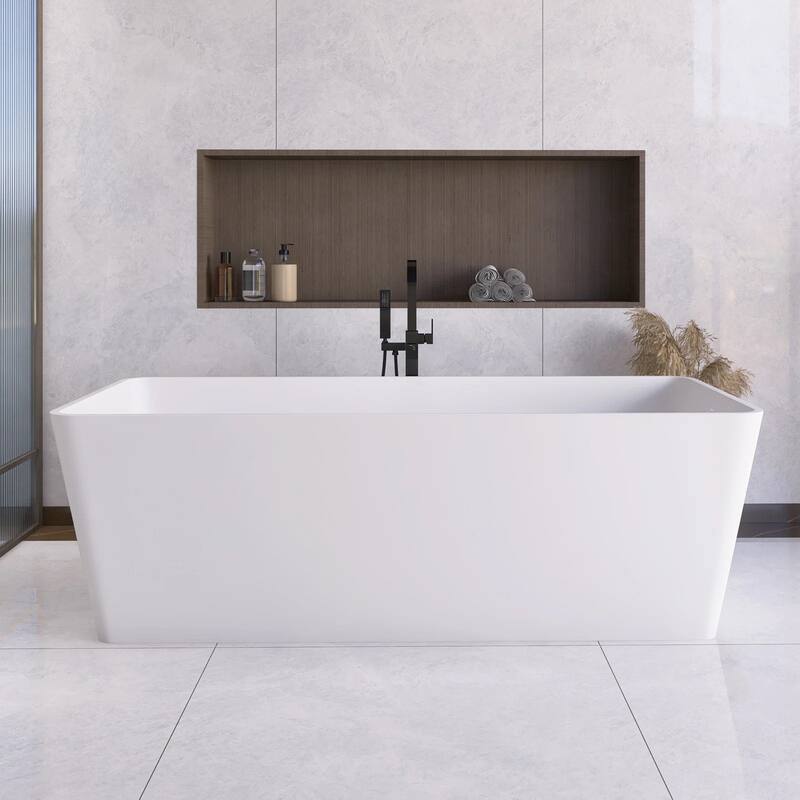 67 Inch Solid Surface Freestanding Soaking Bathtub in Matte White