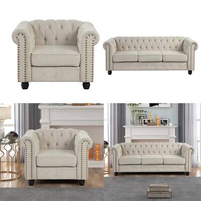 Morden Fort Tufted Upholstered Chesterfield Set Chair, Sofa 2 PCS for Living Room, Fabric, Linen