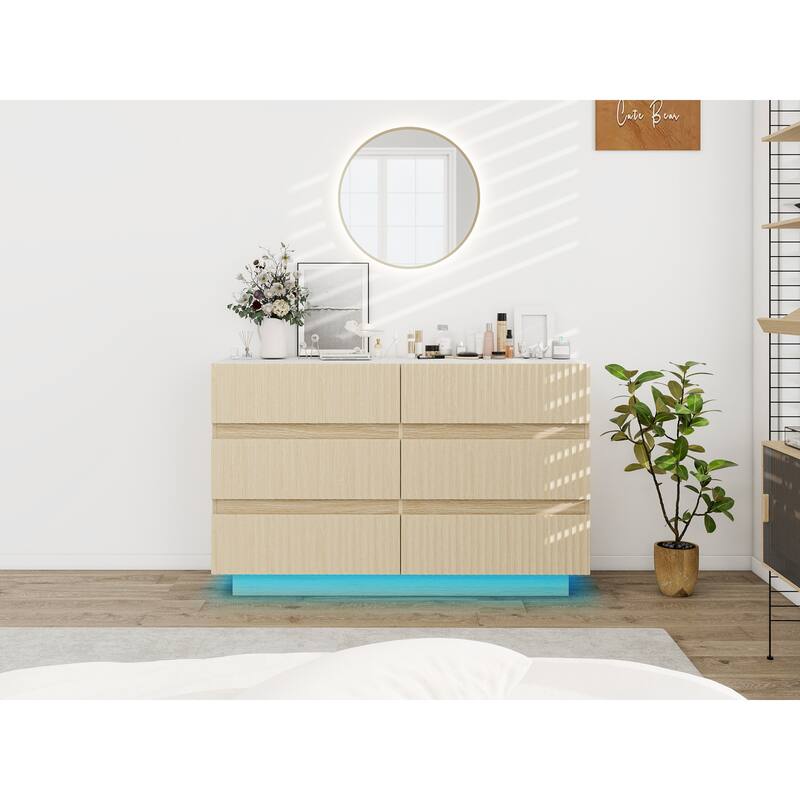 Fluted 6 Drawer Dresser, Double Dresser Chest with LED lights