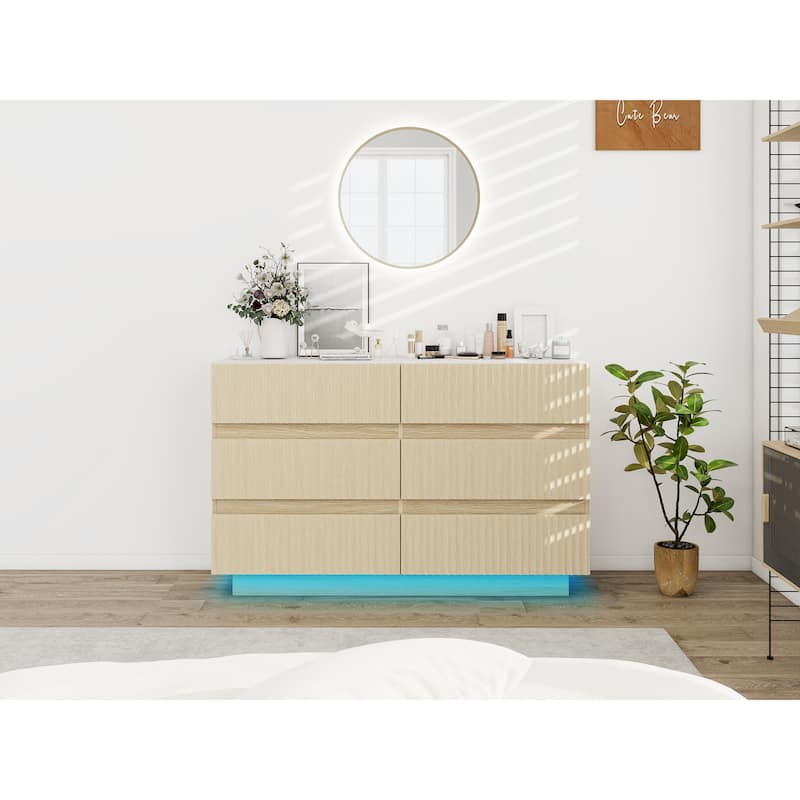 Fluted 6 Drawer Dresser with LED Lights, Wooden Drawer Organizer Cabinet, Large Capacity Bedroom Storage Cabinet