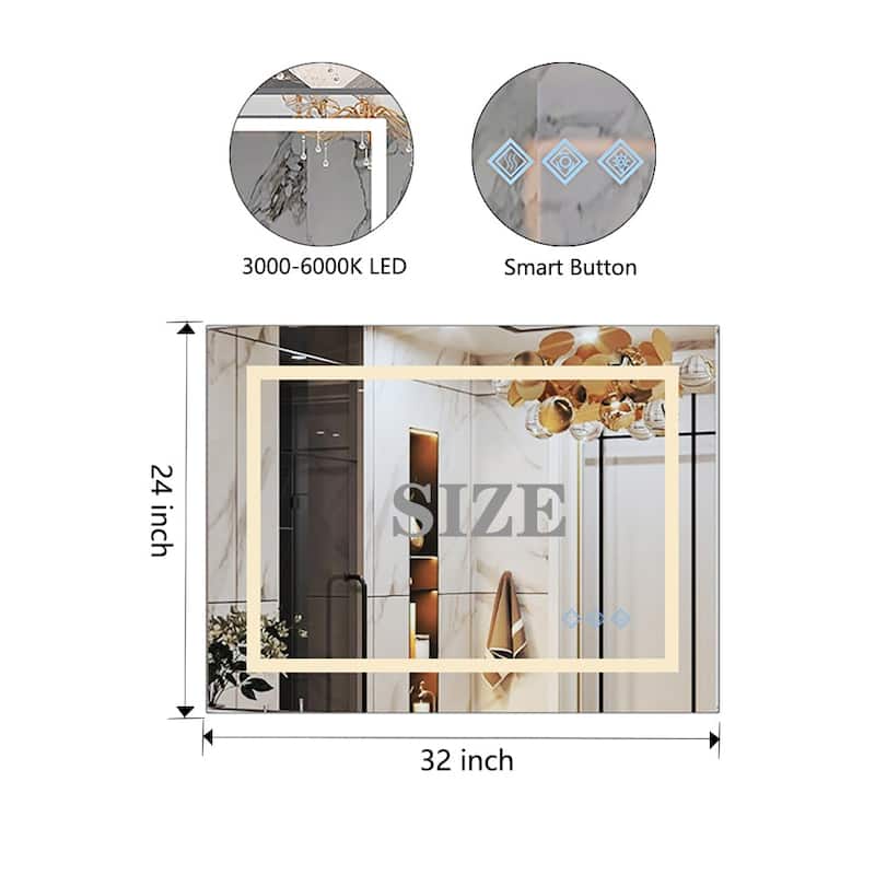 Frameless Dimmable Lighting 3000-6000K LED Anti-Fog Wall Mounted Bathroom Mirror