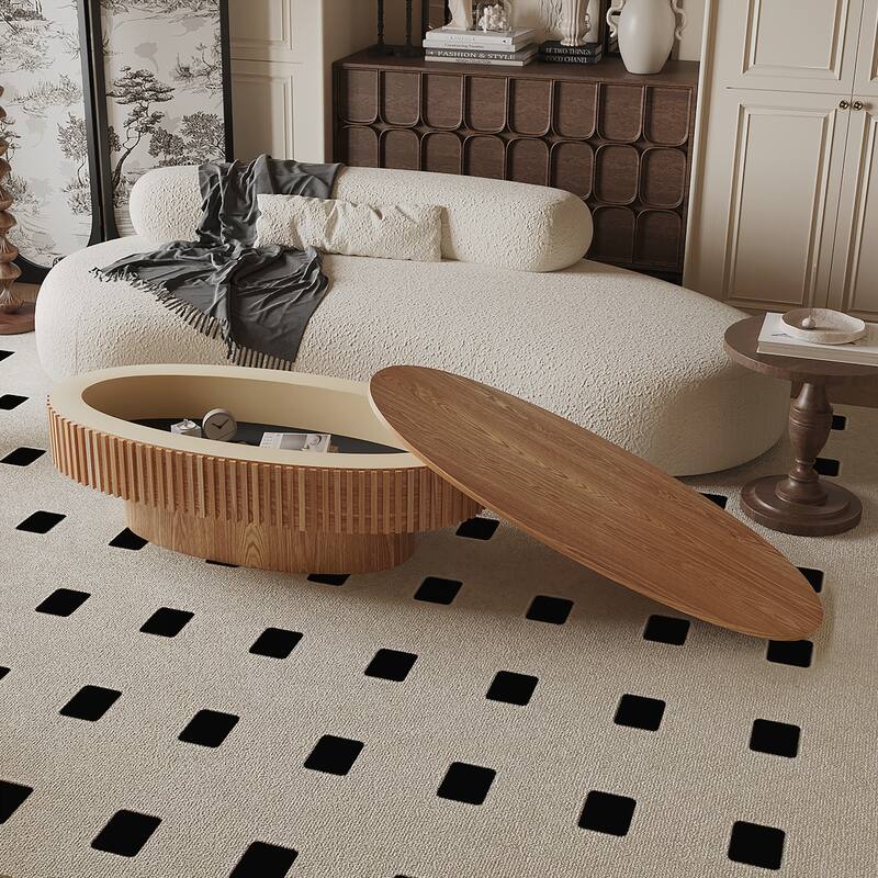 47'' Oval Coffee Table with Storage Solid Wood Veneered Modern Coffee Table