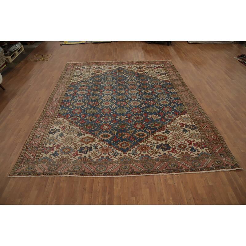 Hand Knotted Oriental 100% Wool Carpet Traditional Floral Navy Blue & Blues Heriz (serapi) Area Rug - 12' 3'' X 9' 9''