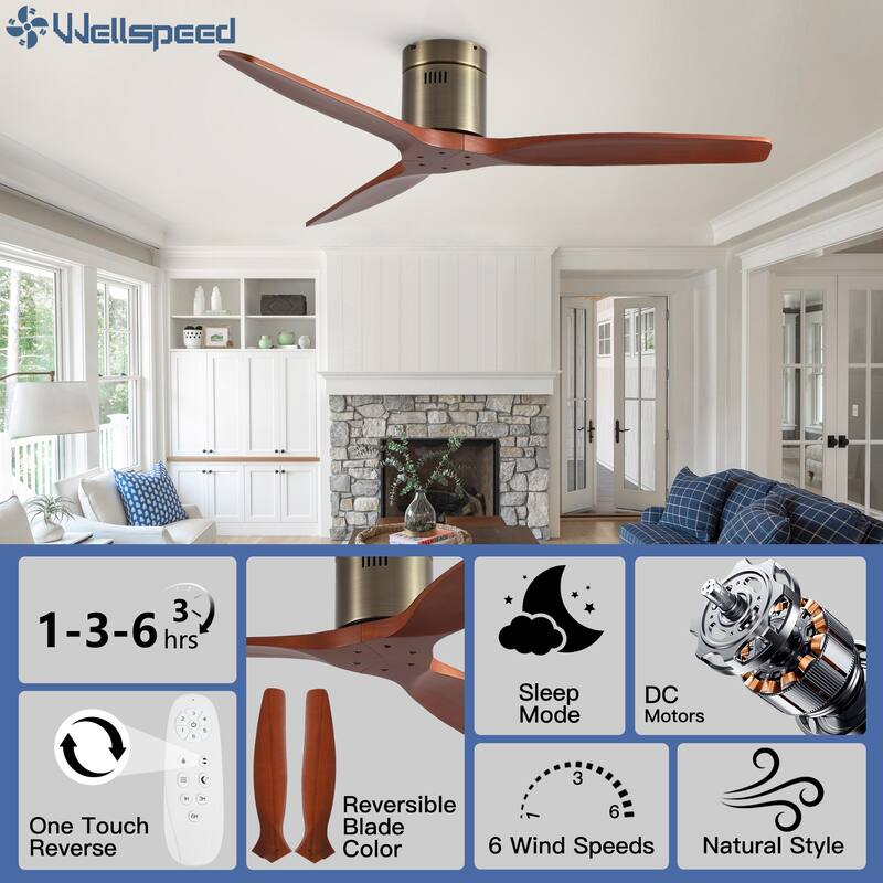 52In. Farmhouse Indoor Flush Mount Low Profile Ceiling Fan with Solid Wood Blades and Remote Control