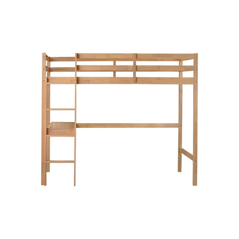 Twin High Loft Bed, Rubber Wood Loft Bed with Safety Guardrail, built-in desk, ladder