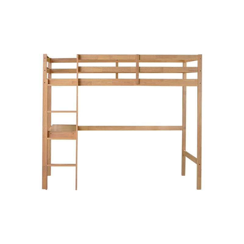 Twin Loft Bed with Built-in Desk, Safety Guardrail, and Ladder, White Oak Finish