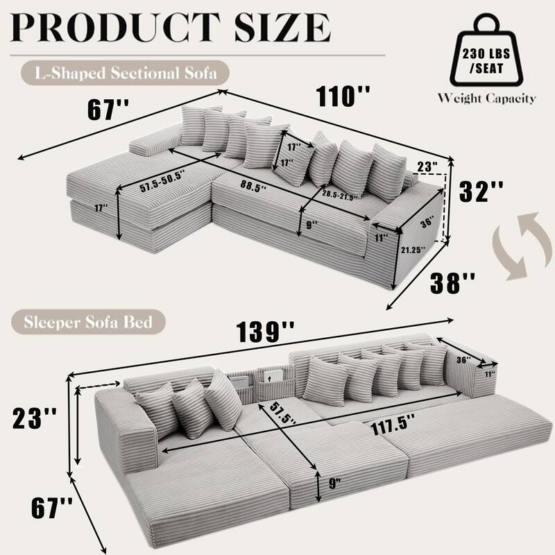 Floor Sleeper Sofa Bed Convertible L-shaped Modular Sectional Couch with Chaise, Corduroy Compression Sofa with Side Pockets