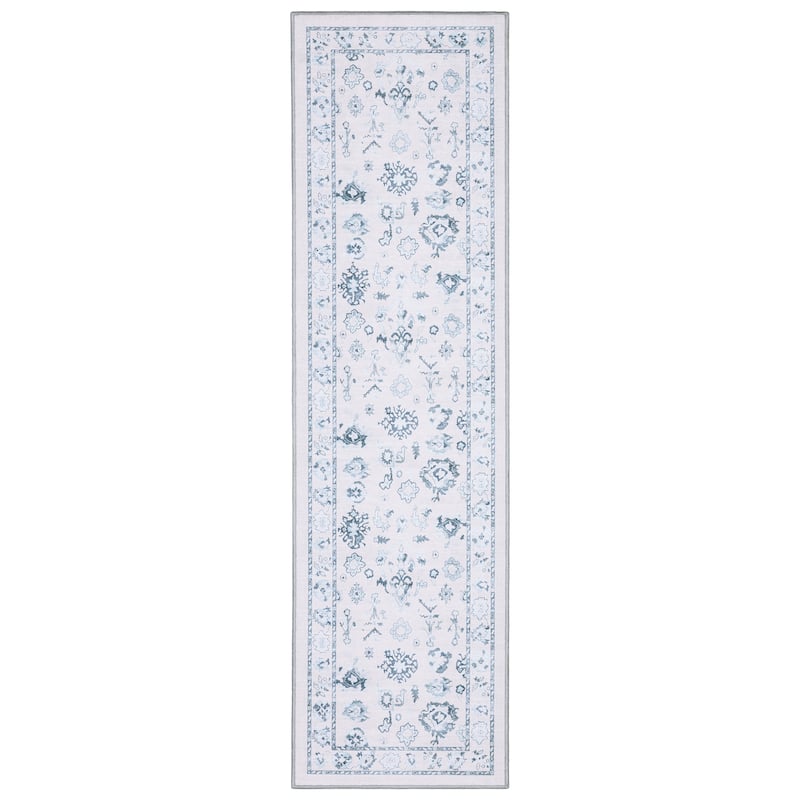 Addison Vintage Traditional Ivory/ Blue Printed Washable Flat Pile Rug - 2' x 7'