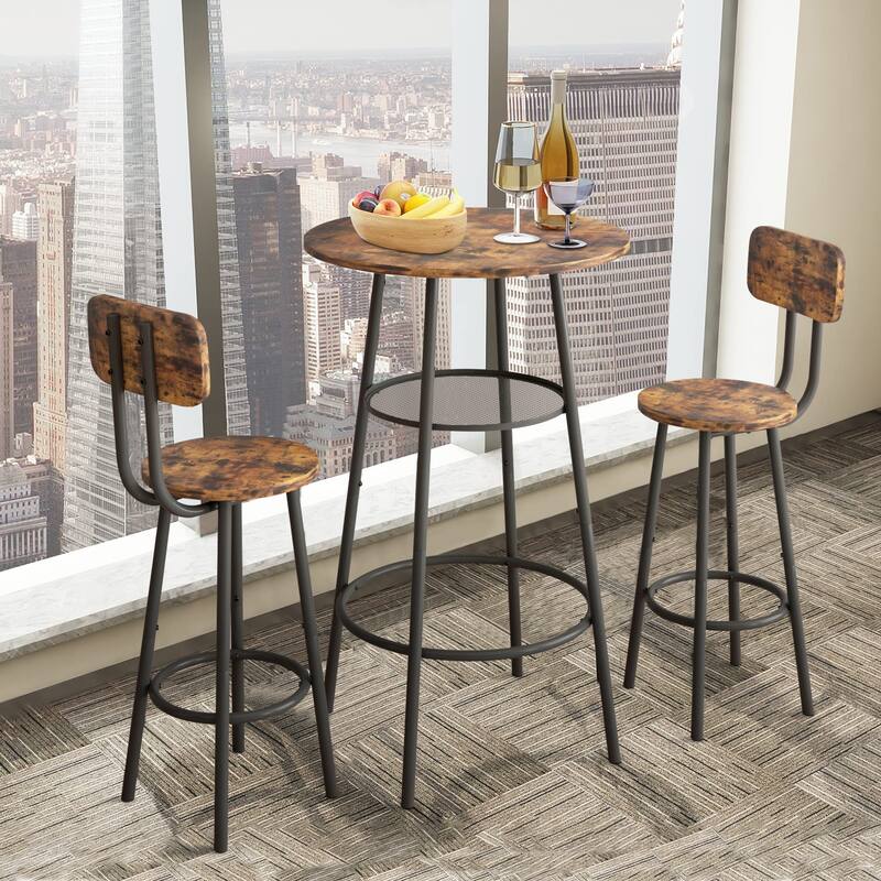 3-Piece Bar Table Set for 2, 2-Tier Round Bistro Dining Table Set - Black&Brown